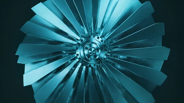 Metallic turbine fan blades with blue industrial lighting