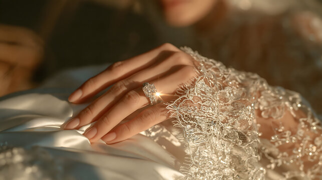 Close-up of bride hand wearing sparkling diamond wedding ring on lace sleeve