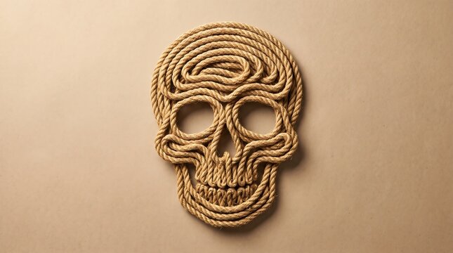 A static overhead macro shot reveals a human skull intricately shaped from thick brown rope on a plain beige paper background, under warm indoor lighting, creating a dark, minimalist mood.