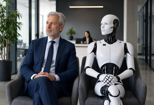 Man and a humanoid robot sit together in a modern office