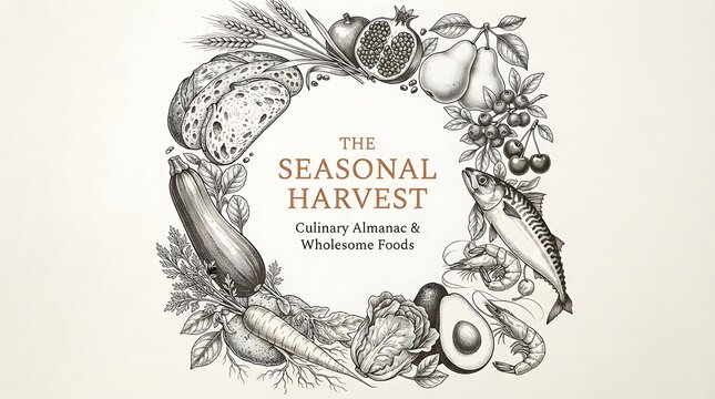 Circular arrangement of various hand drawn food items with pomegranate pears berries bread wheat pomegranate berries zucchini carrot