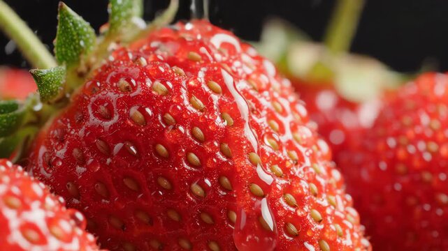 Fresh red strawberry close up with water drops falling.
