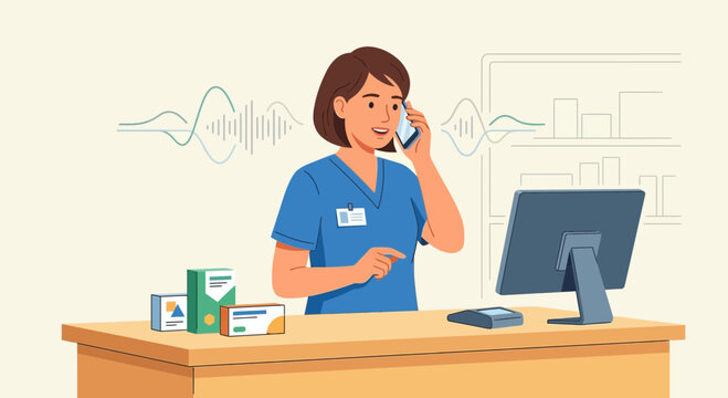 Pharmacist on Phone Call at Counter with Computer and Medicine Boxes, Sound Waves Above