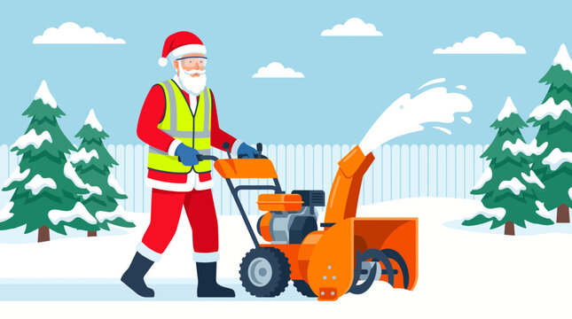Santa Claus wearing high visibility vest using a snow blower in winter landscape.