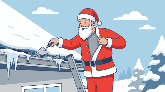 Santa Claus cleaning snow and ice from the house roof gutters in winter.