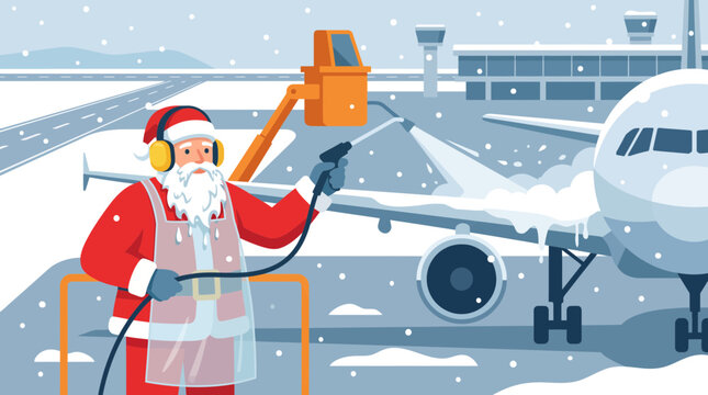 Santa Claus de-icing an airplane wing at the airport during a winter snowstorm.