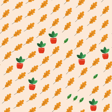 Oak Leaves and Potted Plants Pattern