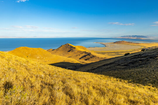 Frary Peak trail overlooks scenic Great Salt Lake shoreline in Utah