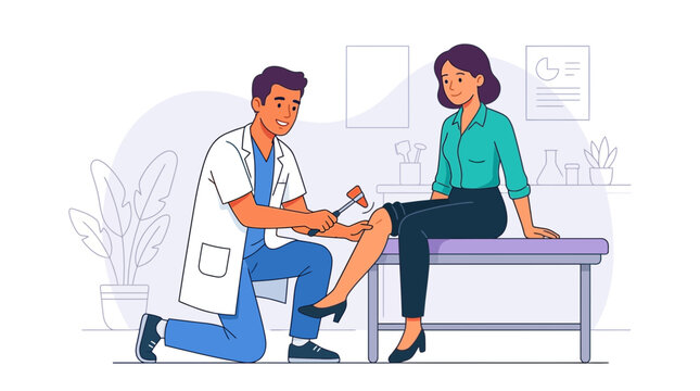 Doctor performing reflex test on patient with reflex hammer in clinic setting - Vector illustration
