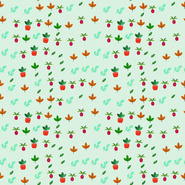 Seamless pattern of potted plants, raspberries, ladybugs, and leaves