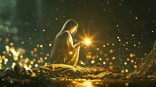 Concept art of a woman healing the wounded with light in the darkness, inspired by Florence Nightingale