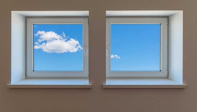 Two adjacent windows opening to the same blue sky as a concept of shared world
同じ空につながる2つの窓と共生をイメージした明るい室内