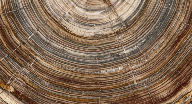 Detailed close up view of petrified wood rings showing natural earthy brown and gray tones in a circular organic wooden pattern