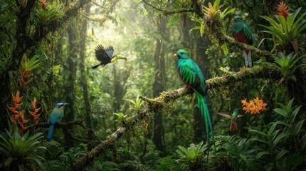 Obraz premium Resplendent Quetzal Birds in a Lush Tropical Cloud Forest