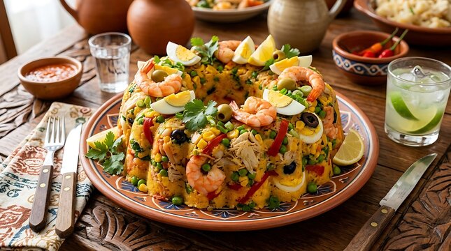 Cuscuz paulista garnished with shrimp and boiled eggs rests beautifully on a decorated ceramic.