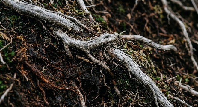 Gnarled tree roots sprawling across dark forest soil and moss