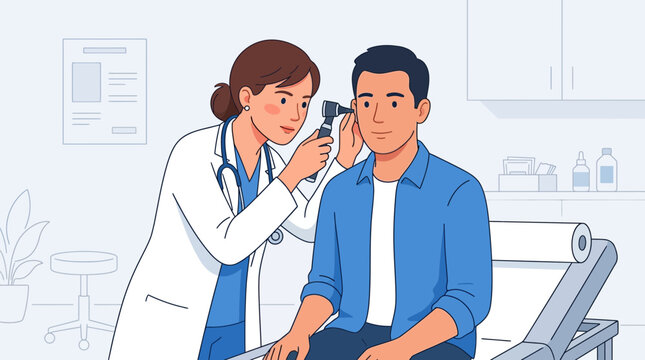 Doctor examines patient's ear with otoscope during medical check-up in clinic examination room