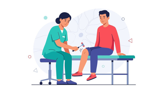 Doctor examines patient's knee reflex with a reflex hammer, medical checkup, healthcare concept