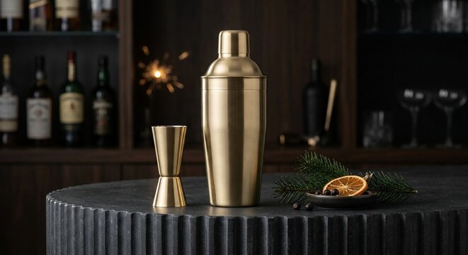 Golden cocktail shaker and jigger set on dark bar counter with orange slice