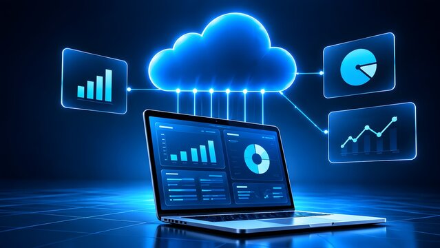 Futuristic laptop displaying business data analytics connected to a glowing blue cloud computing network for financial statistics and technology solutions.