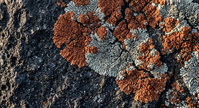 Orange and grey lichen on rough volcanic rock in macro view