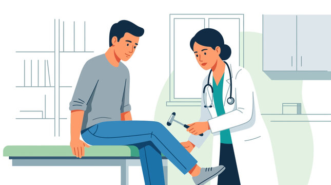 Doctor examining patient's knee reflex with reflex hammer in clinic, modern vector illustration