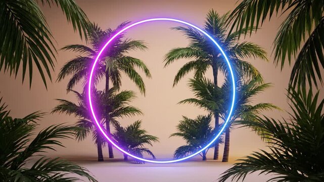 Vibrant Neon Circle Frame with Tropical Palm Trees in 3D Motion.