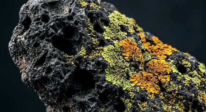 Porous volcanic rock texture covered with vibrant green and yellow lichen