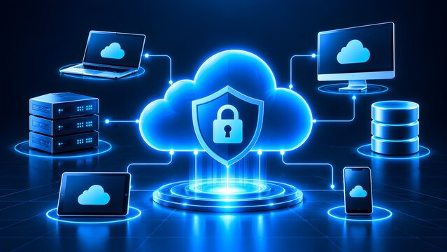 Cloud computing security concept with glowing padlock icon inside a cloud symbol connected to network devices like servers monitors laptops and tablets representing secure data storage and protection