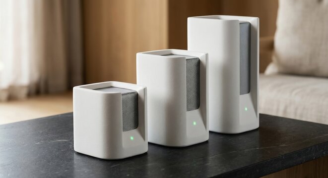 Three white smart speakers standing in a row on a dark table indoors