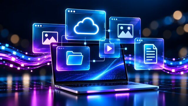 Laptop computer with glowing neon icons of cloud storage folders images video and documents floating above the screen representing digital media management file sharing and online cloud services