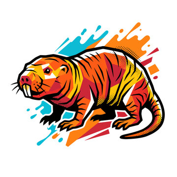Abstract Vibrant Naked Mole-Rat Illustration with Dynamic Splash Art Background, Modern Geometric Animal Artwork