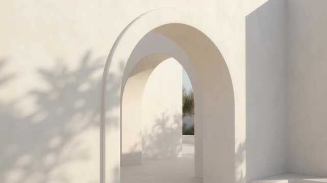 Minimalist Interior Archway with Soft Natural Sunlight and Tropical Leaf Shadows.