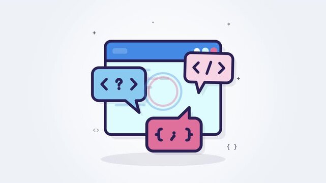 Software development interface displays code syntax and programming feedback with speech bubbles