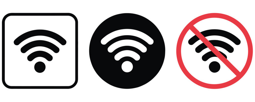 WiFi signal icon with forbidden symbol representing no internet access, network restriction, connection failure, and connectivity warning, vector, design