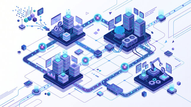 Isometric AI Automation Workflow Vector Illustration