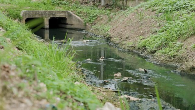Shallow polluted river with sediment buildup and wastewater discharge, illustrating water contamination, sewage pollution, environmental degradation, ecosystem damage and water management.