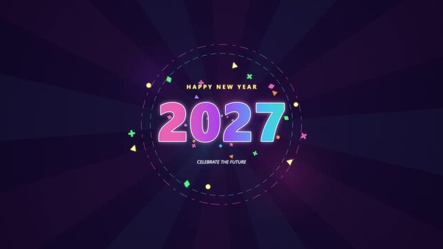Modern Abstract Geometric Happy New Year 2027 Vibrant Neon Typography Loop Animation