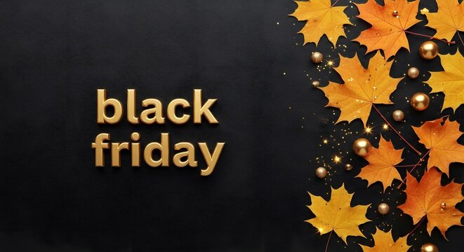 Black friday gold text with autumn maple leaves on black background