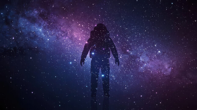 Human astronaut silhouette floating against vivid cosmic background filled with stars and nebula
