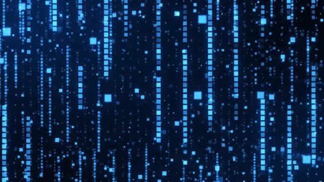 Abstract digital background with glowing blue square pixels and data pattern