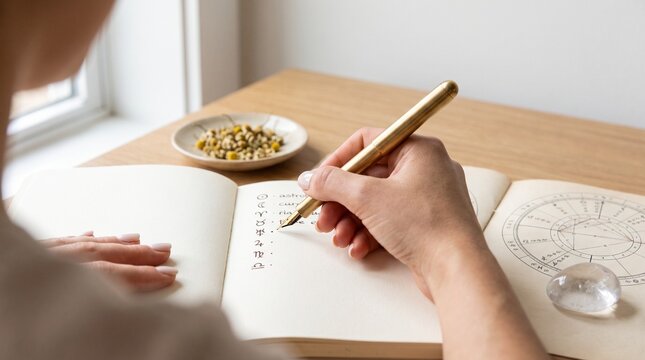 Woman writing astrological symbols in a notebook with a brass pen. Close up of hands drawing zodiac signs and natal chart on wooden desk