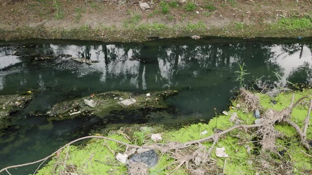 Polluted shallow river with sediment and wastewater discharge, symbolizing human impact, environmental destruction, ecosystem degradation, water contamination.