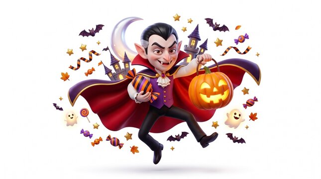Cute cartoon vampire character holding pumpkin lantern and sweet candy for Halloween celebration with spooky castle, flying bats, cute ghosts and crescent moon isolated on white background