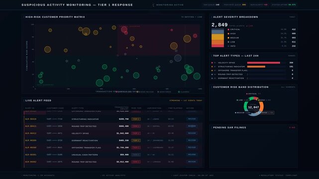 Explore a premium dark mode dashboard for monitoring suspicious activity, featuring high-risk customer alerts and transaction metrics in a sleek 4K design with animated data visualizations.