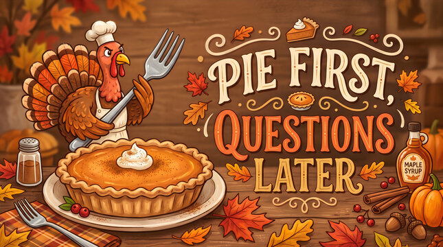 Cartoon turkey chef serving pie with autumn theme