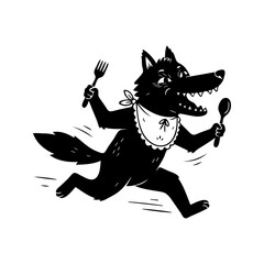 Fototapeta premium Hungry Cartoon Wolf Running with Fork and Spoon Vector Illustration, Funny Dining Silhouette Mascot 