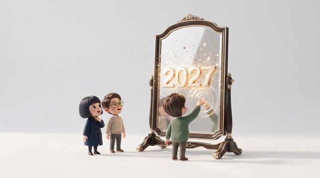 Cute miniature children standing in front of an antique magical mirror revealing the glowing golden year 2027 with sparkling stars, symbolizing hope, curiosity, and new year dreams