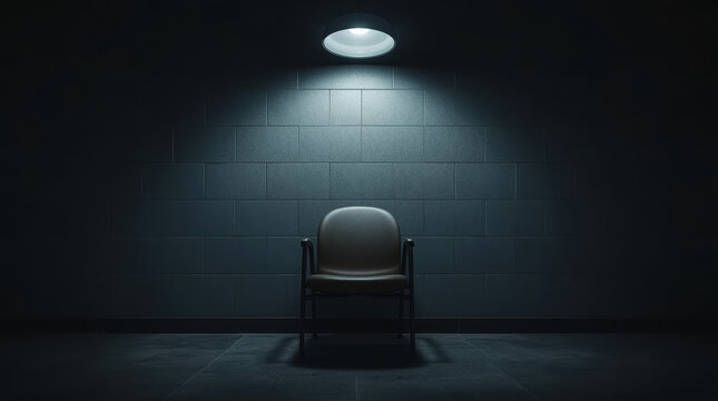 Empty institutional chair beneath ceiling light in dark tiled room