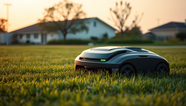 Symmetrical shot of a modern sleek robotic grass cutting device on a fresh summer lawn bathed in soft evening twilight